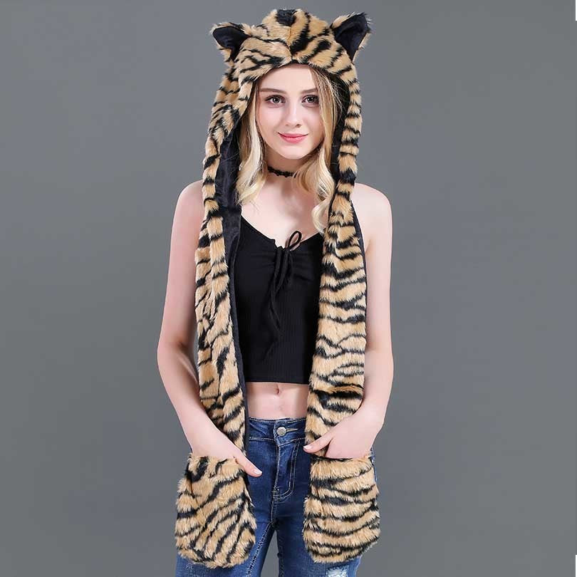 Faux Fur Straw Cartoon Animal Hat Scarf Gloves One - Bellarte Enchanté Faux Fur Straw Cartoon Animal Hat Scarf Gloves One